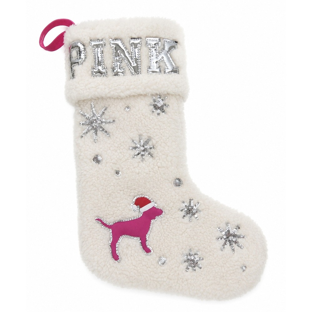 Victoria's Secret PINK White Christmas Stocking Faux Fur Silver Sequin Dog Puppy
